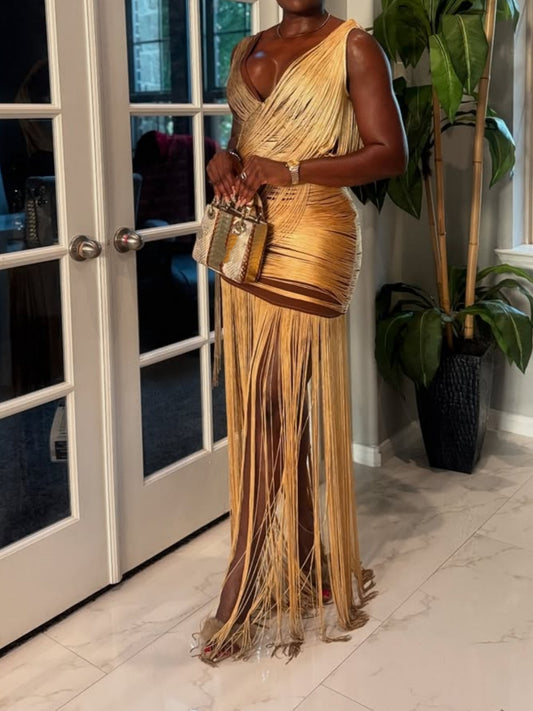 Metallic Backless Fringe Dress