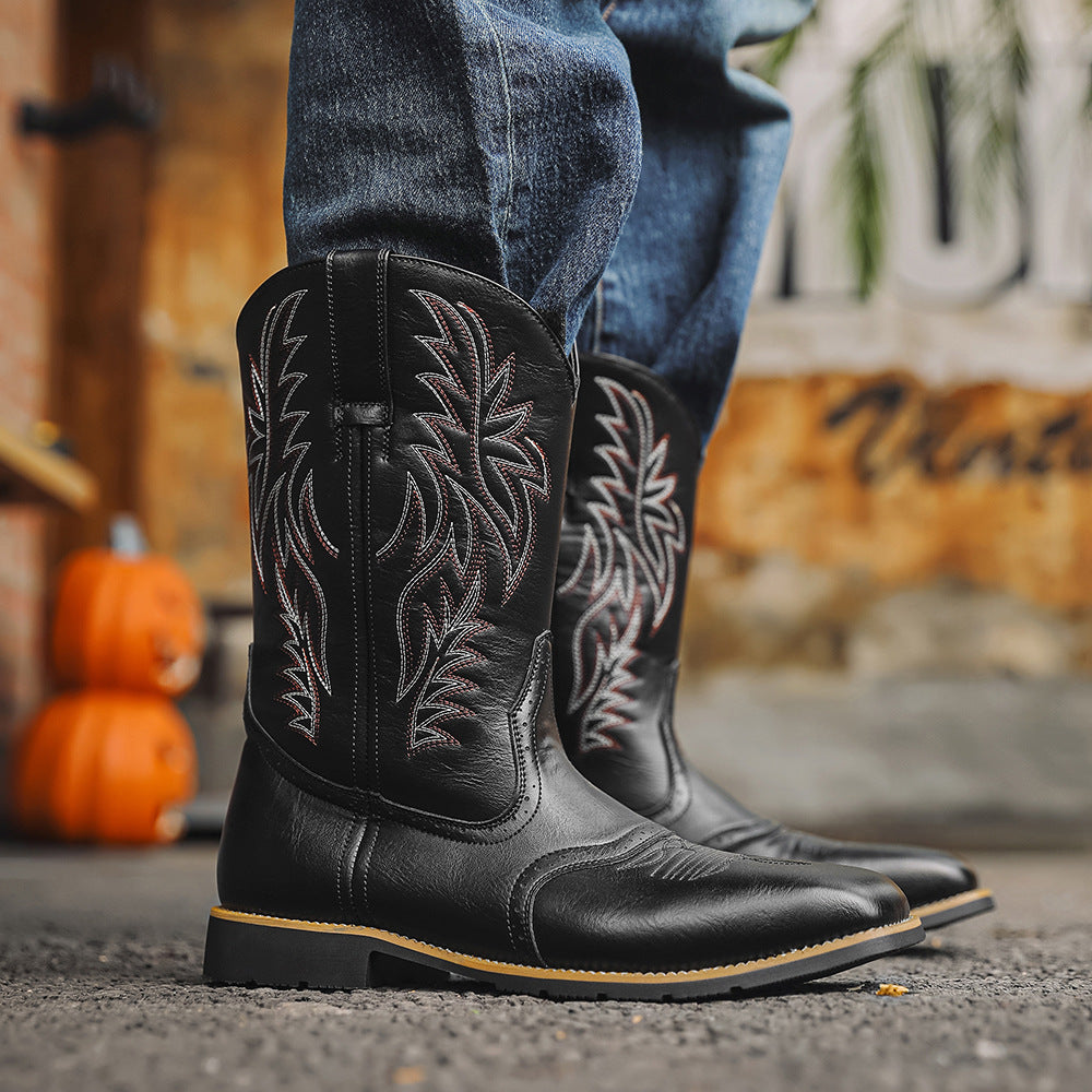Vintage Embroidered Wide Toe Western Cowboy Boots