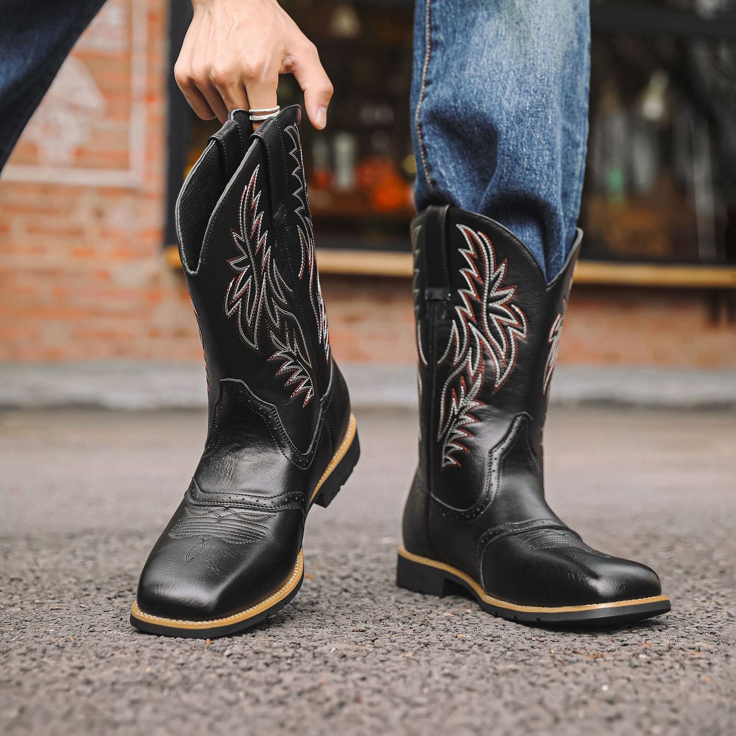 Vintage Embroidered Wide Toe Western Cowboy Boots