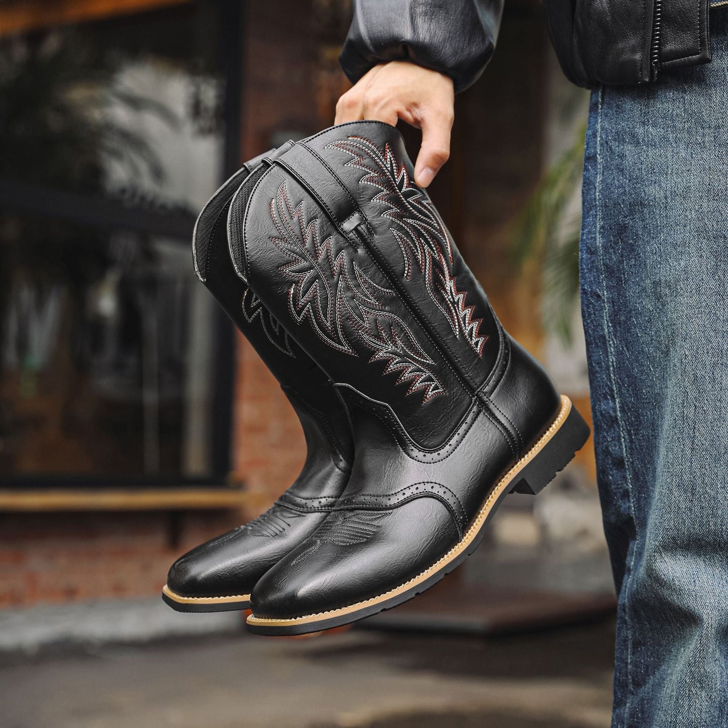 Vintage Embroidered Wide Toe Western Cowboy Boots