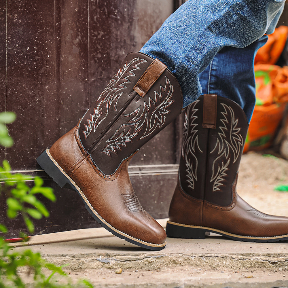 Vintage Embroidered Wide Toe Western Cowboy Boots