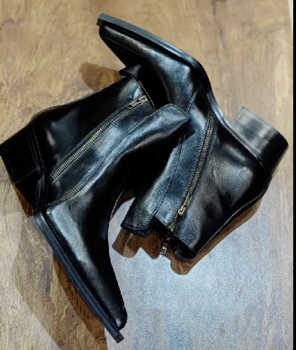 Men's Pointed Toe Chunky Heel Short Leather Boots