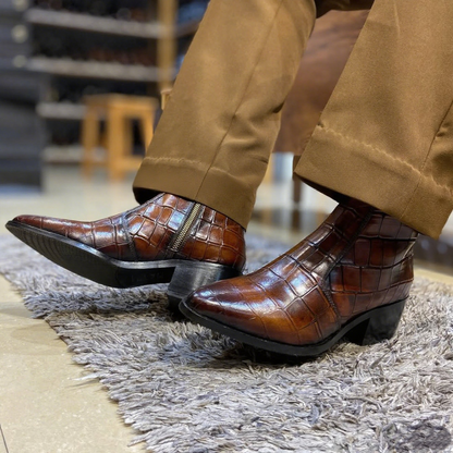 Men's Tan Croc Heel Pointed  Leather Boots