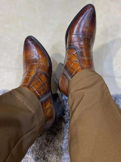 Men's Tan Croc Heel Pointed  Leather Boots