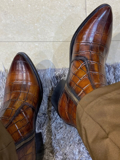 Men's Tan Croc Heel Pointed  Leather Boots