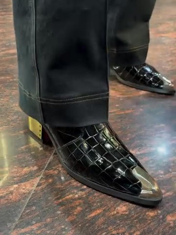 Men's Patent Leather Crocodile Textured Pointed Toe Boots