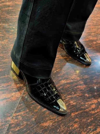 Men's Patent Leather Crocodile Textured Pointed Toe Boots