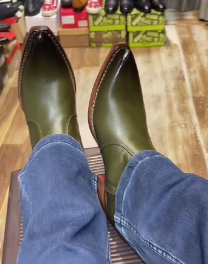 Men's Pointed Toe Green Cuban High Heel Leather Boots