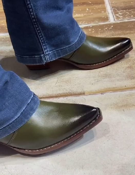 Men's Pointed Toe Green Cuban High Heel Leather Boots