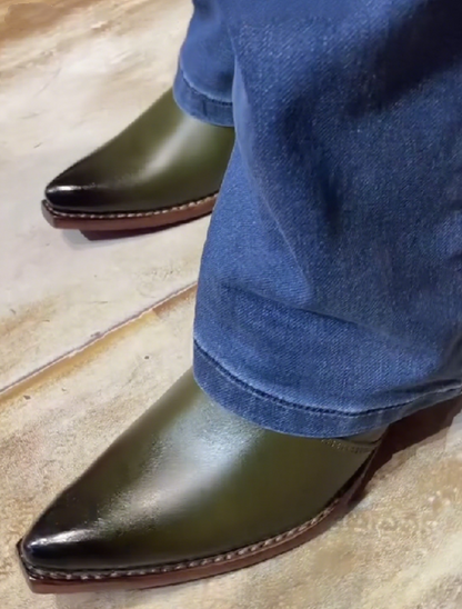 Men's Pointed Toe Green Cuban High Heel Leather Boots