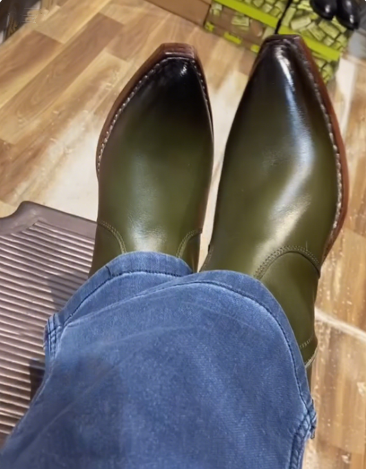 Men's Pointed Toe Green Cuban High Heel Leather Boots