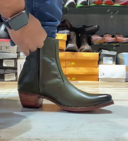 Men's Pointed Toe Green Cuban High Heel Leather Boots