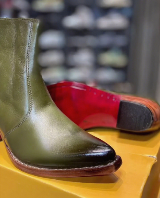 Men's Pointed Toe Green Cuban High Heel Leather Boots