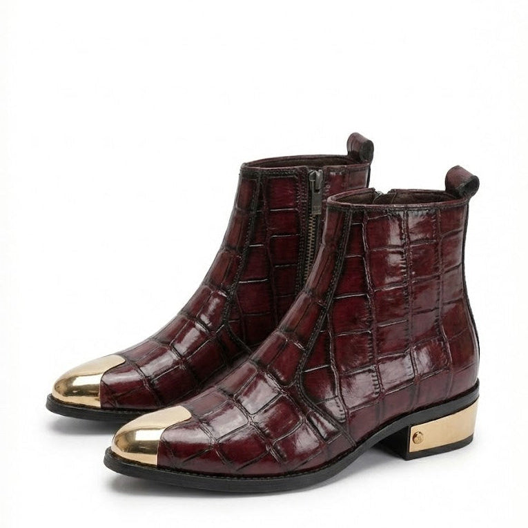 Men's Textured Patent Leather Golden Toe & Heel Chelsea Boots