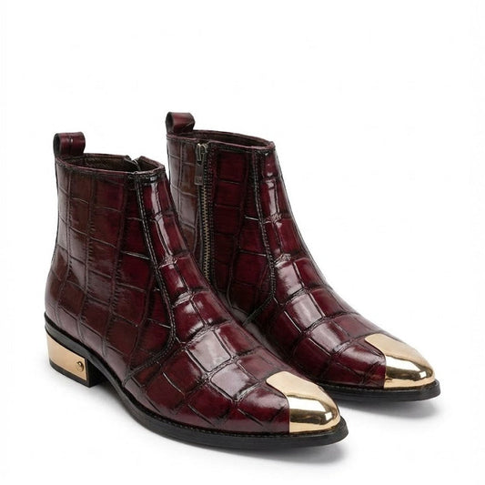 Men's Textured Patent Leather Golden Toe & Heel Chelsea Boots