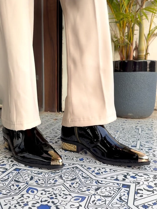 Men's Patent Leather Golden Toe & Heel Chelsea Boots