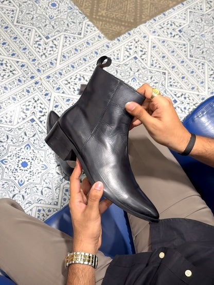 Men's Pointed Toe Cuban Heel Leather Chelsea Boots