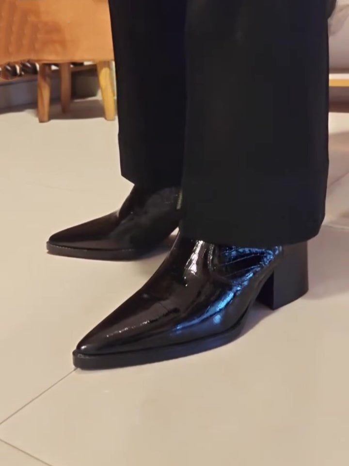 Men's Black Chunky Heeled Pointed-toe Zip-up Boots