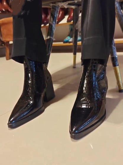 Men's Black Chunky Heeled Pointed-toe Zip-up Boots