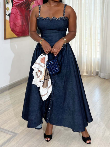 Shinny Sequined Denim Sling Dress