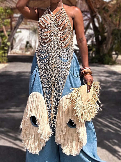 Halter Neck Sexy Hollowed Out Vest & Tassel Pants