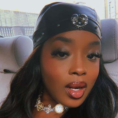 Skull Studded Leather Tie-up Cap