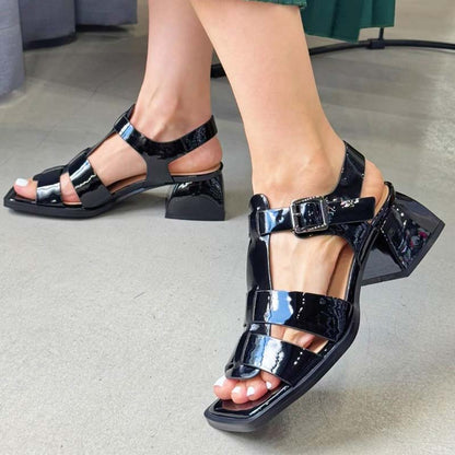Square-toe Thick-heeled Woven Sandals