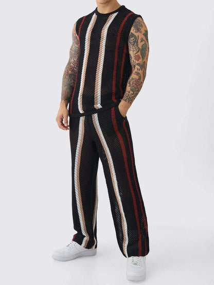 Stripe Knitted Sleeveless Two Pieces Set