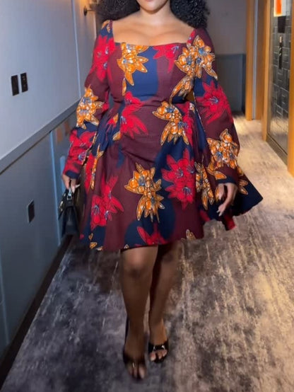 Square Neck Printed Puff Sleeve A-Line Dress