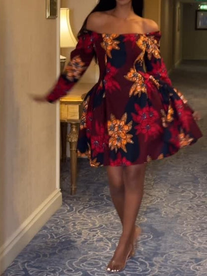 Square Neck Printed Puff Sleeve A-Line Dress