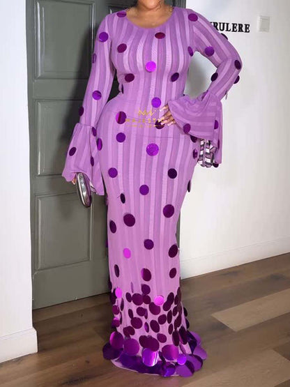 Sequined Patchwork Flare Sleeve Dress