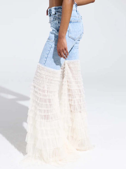 Ruffled Patchwork High Waist Jeans