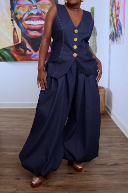 Sleeveless Vest Wide Leg Jeans Denim Set