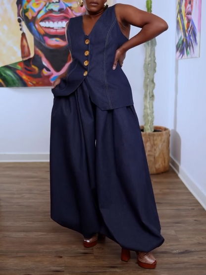 Sleeveless Vest Wide Leg Jeans Denim Set