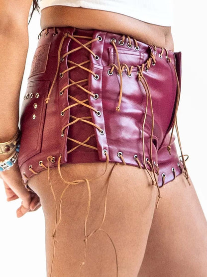 Sexy Eyelet Detail High Waist PU Short