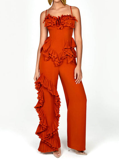 Spaghetti Straps Elaborate Pleated Ruffles Two Pieces Set