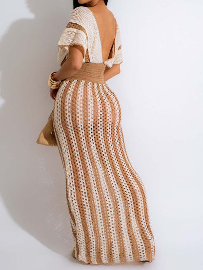 Sexy V Neck Cutout Striped Knit Two Pieces Dress