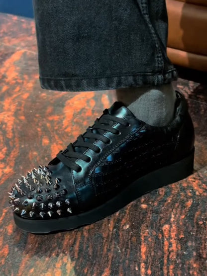 Men's Black Crocodile-print Rivet Sneakers