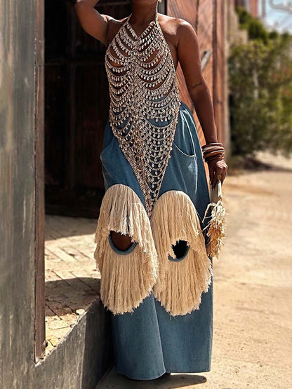 Halter Neck Sexy Hollowed Out Vest & Tassel Pants