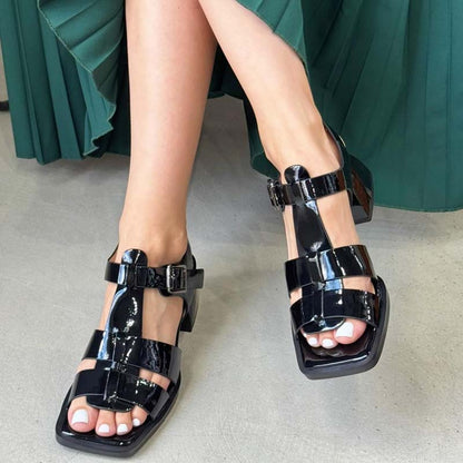 Square-toe Thick-heeled Woven Sandals
