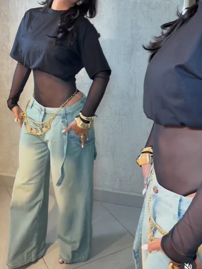 See-through Patchwork Romper T-shirt