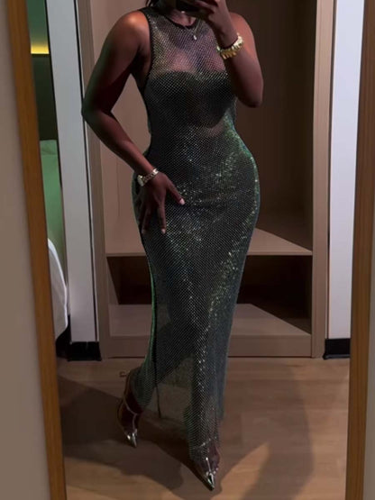 Shinny Sleeveless Hot Drilling Maxi Dress