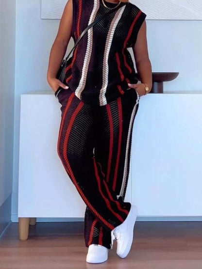 Stripe Knitted Sleeveless Two Pieces Set