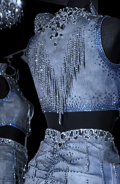 Dazzle Rhinestone Denim Skirt 2pc Set