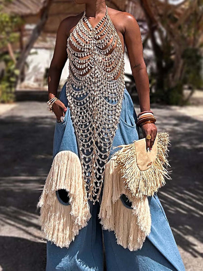 Halter Neck Sexy Hollowed Out Vest & Tassel Pants