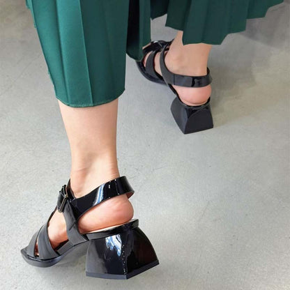 Square-toe Thick-heeled Woven Sandals