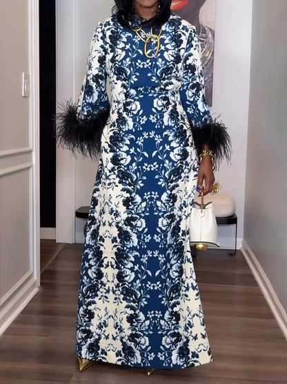 Feather Cuffs Printed Maxi Dress
