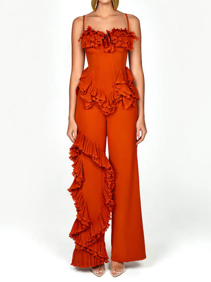 Spaghetti Straps Elaborate Pleated Ruffles Two Pieces Set