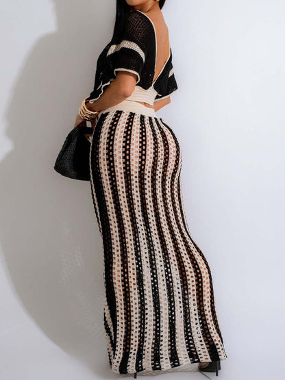 Sexy V Neck Cutout Striped Knit Two Pieces Dress