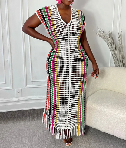 Grid Color Tassel Dress